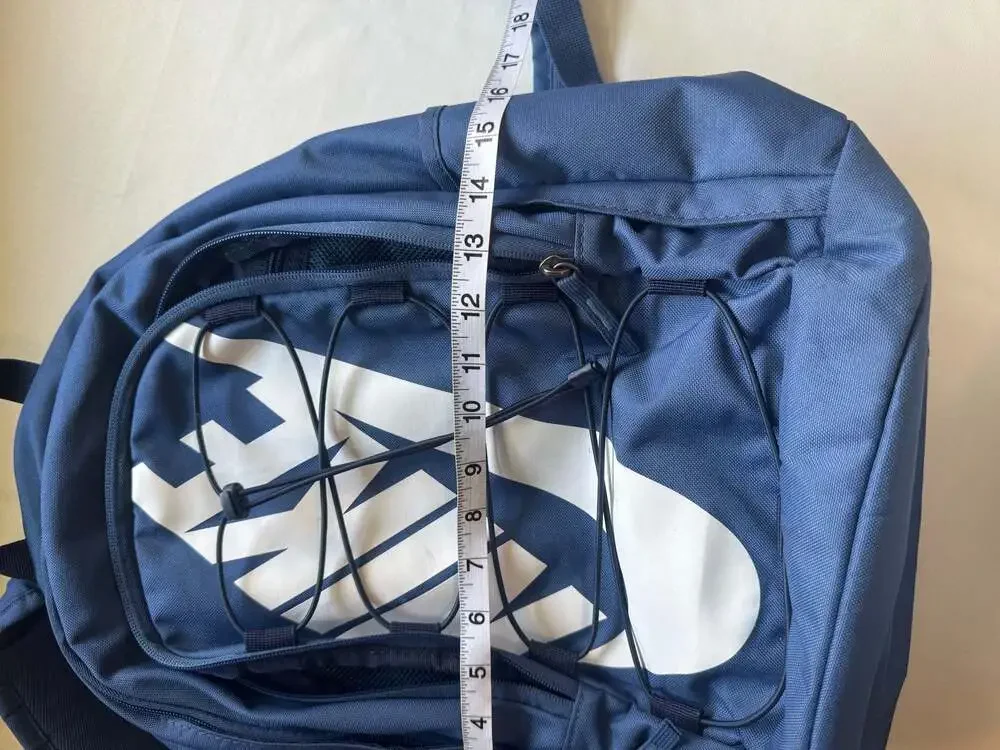Nike Hayward Navy Blue Backpack Oversized Logo Bungee School Travel Sport Bag
